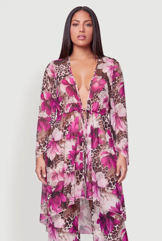 Plus Size Floral Animal Print Tie Front Kimono made by Rainbow