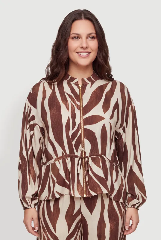 Plus Size Animal Print Drawstring Waist Zip Front Blouse made by Rainbow