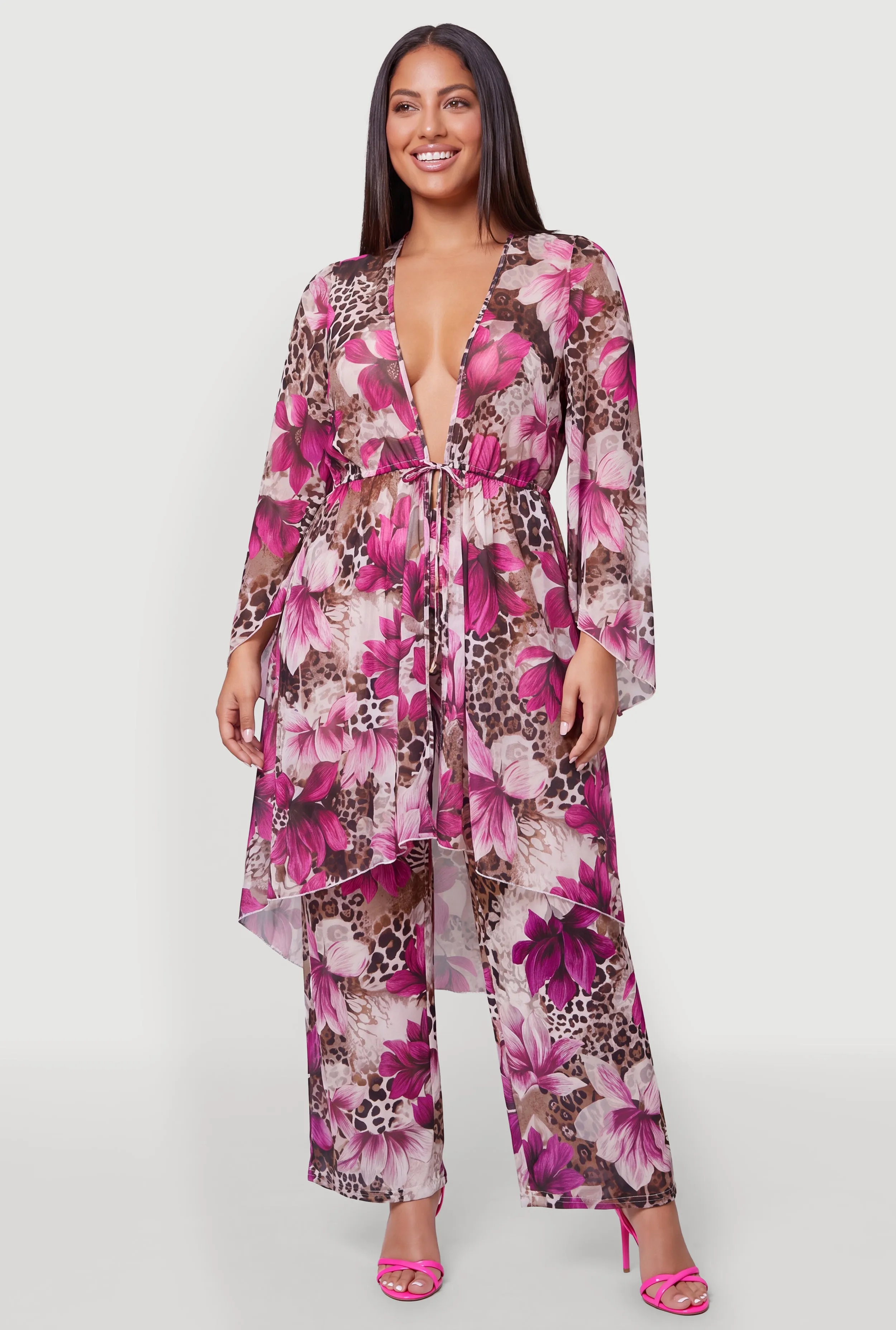 Plus Size Floral Animal Print Tie Front Kimono sold by Rainbow product image thumbnail 2