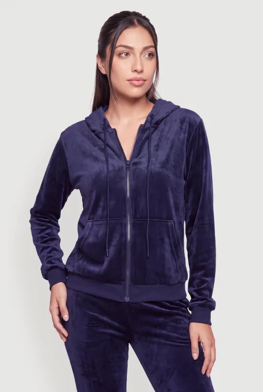 Velour Zip Front Drawstring Hooded Sweatshirt made by Rainbow