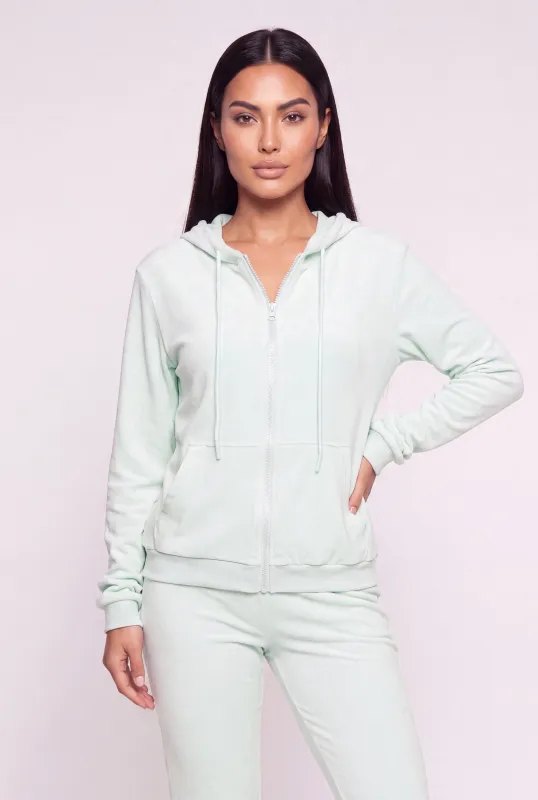 Velour Zip Front Drawstring Hooded Sweatshirt made by Rainbow