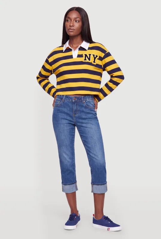 Striped NY Patch Long Sleeve Crop Polo Top made by Rainbow