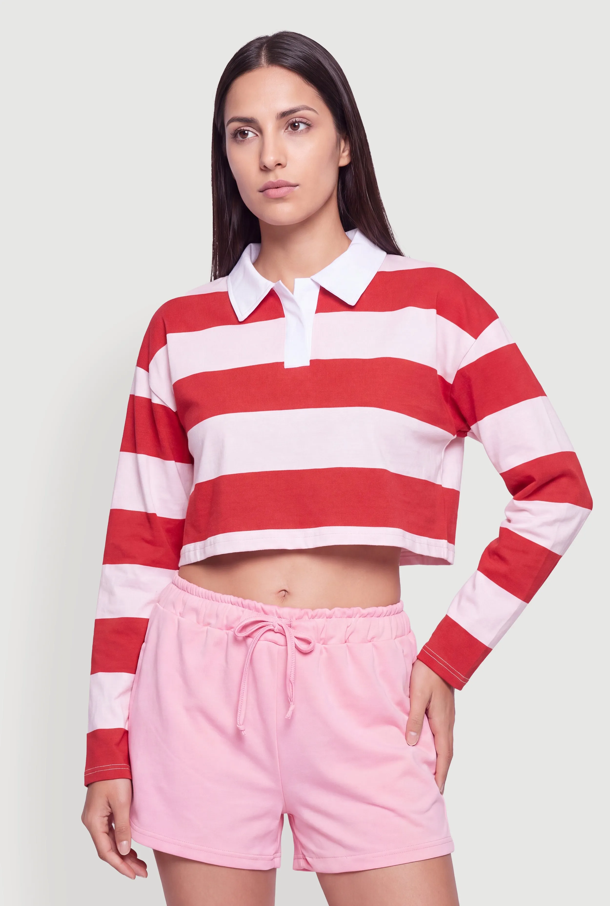 Long Sleeve Striped Rugby Polo Crop Top sold by Rainbow product image thumbnail 2
