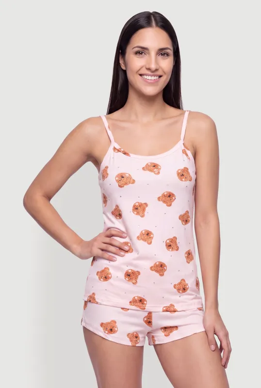 Rhinestone Teddy Bear Print Pajama Cami and Shorts Set made by Rainbow