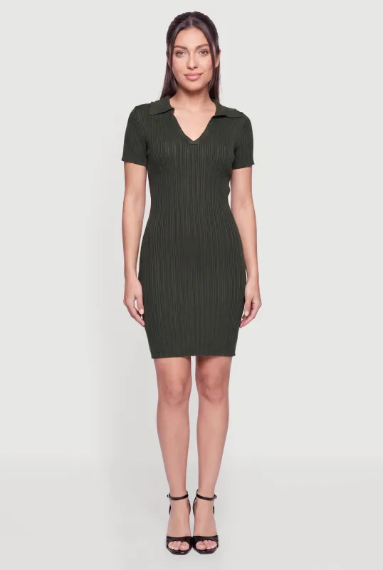Ribbed Knit Johnny Collar Mini Dress made by Rainbow