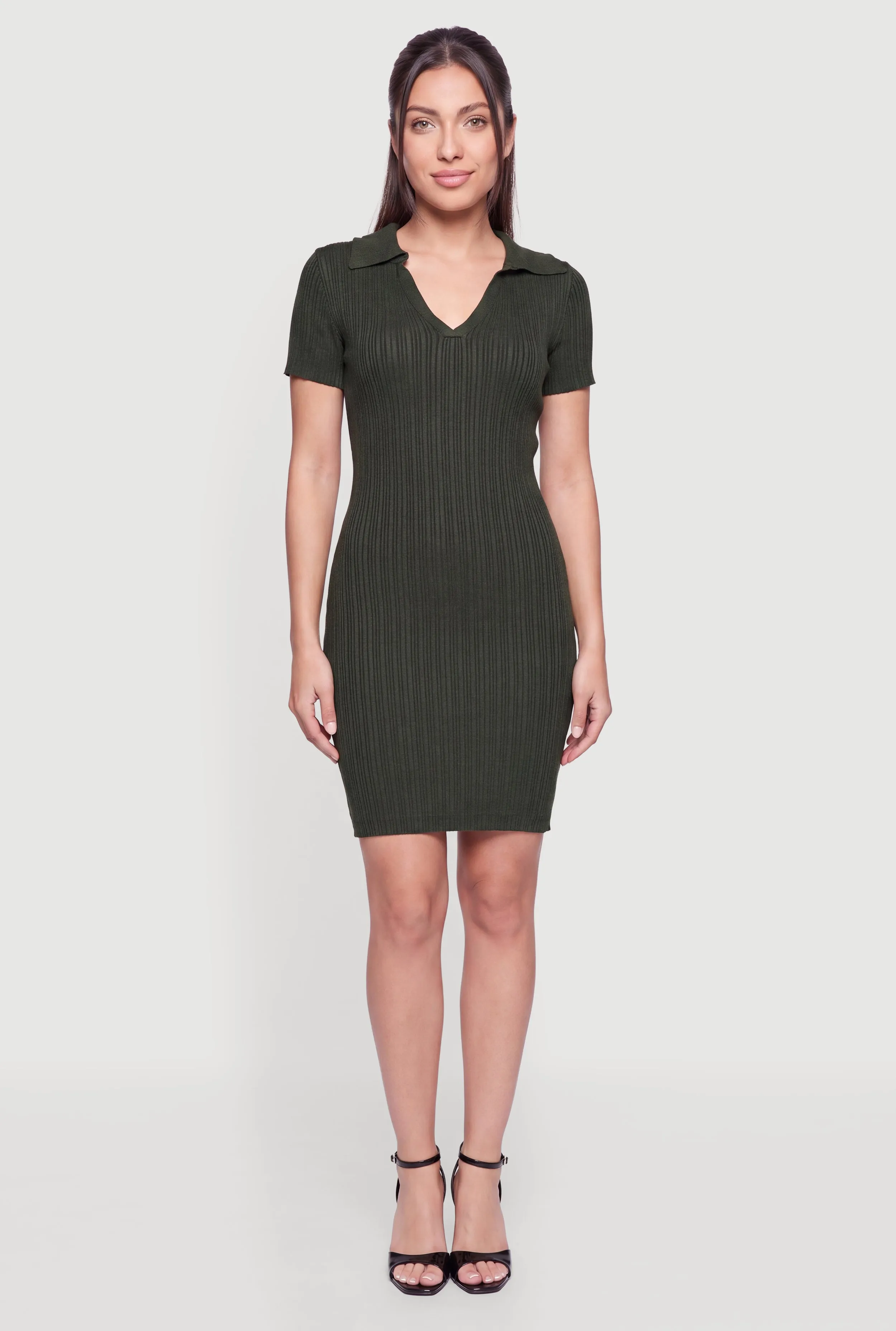 Ribbed Knit Johnny Collar Mini Dress sold by Rainbow