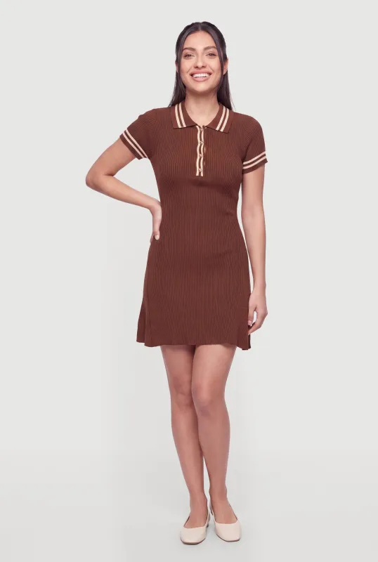 Ribbed Knit Striped Trim Polo Dress made by Rainbow