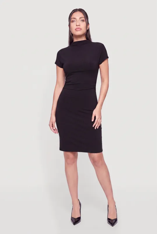 Funnel Neck Side Ruched Mini Dress made by Rainbow