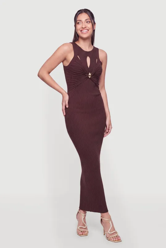 Ribbed Knit Twist Front Metallic Detail Cutout Maxi Dress made by Rainbow