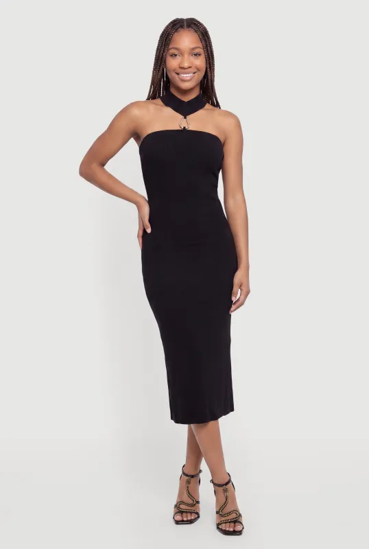 Metallic Detail Choker Midi Dress made by Rainbow