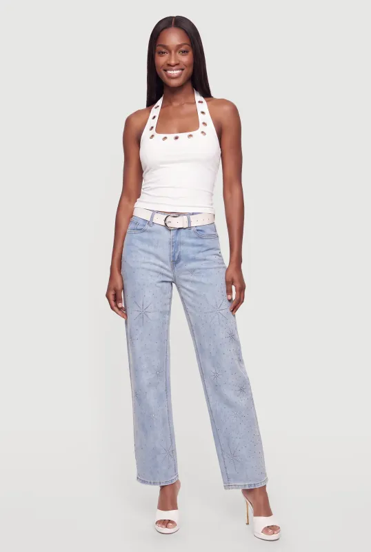 Rhinestone Studded Belted Straight Leg Jeans made by Rainbow