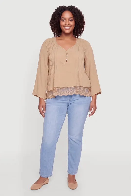 Plus Size Crochet Trim Long Sleeve Pleated Blouse made by Rainbow