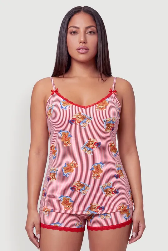 Plus Size Striped Teddy Bear Graphic Pajama Cami and Shorts made by Rainbow