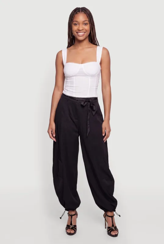 Satin Belted Pintuck Detail Toggle Drawstring Barrel Joggers made by Rainbow