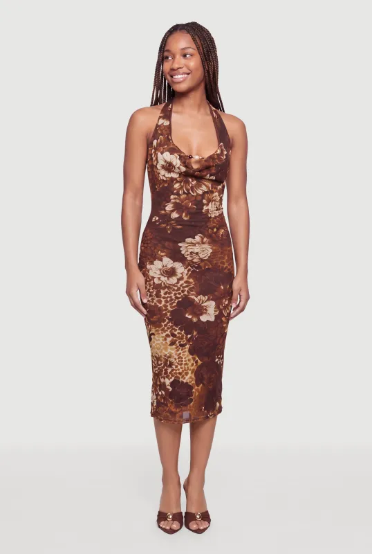 Floral Patterned Mesh Tie Back Halter Dress made by Rainbow