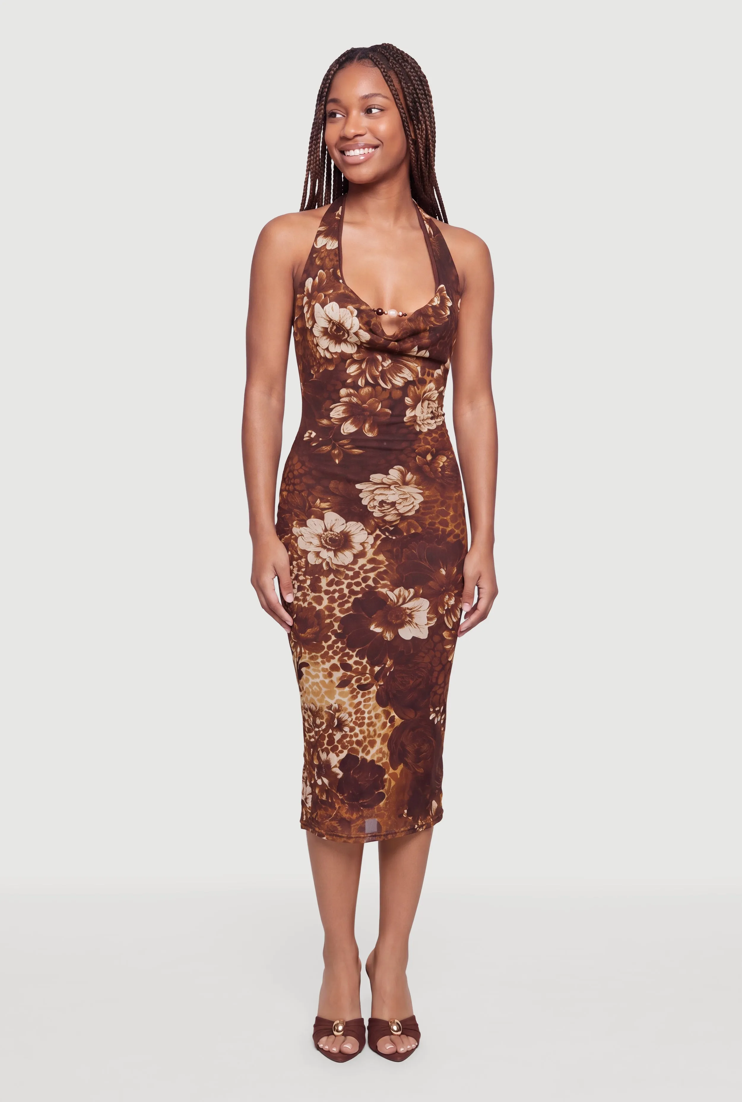 Floral Patterned Mesh Tie Back Halter Dress sold by Rainbow
