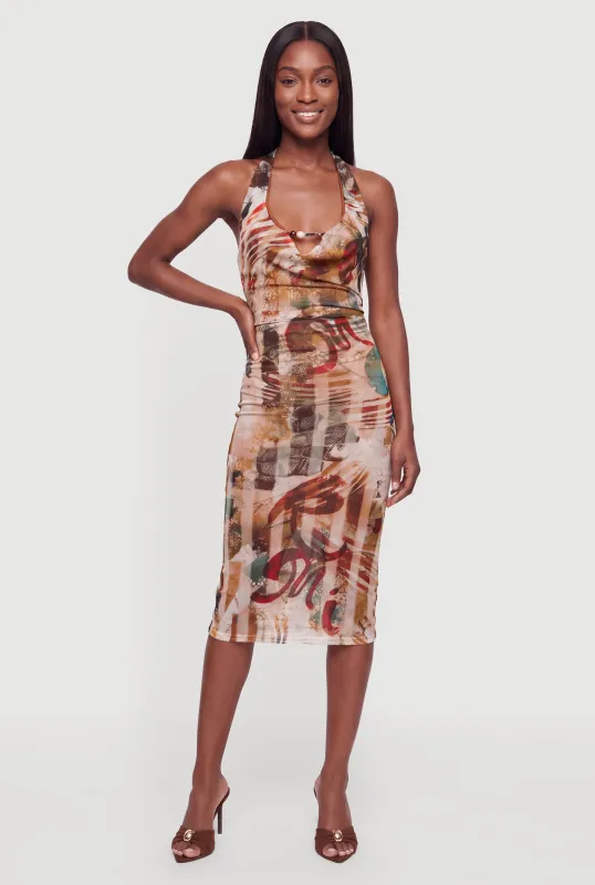 Bead Detail Patterned Mesh Tie Back Halter Dress made by Rainbow