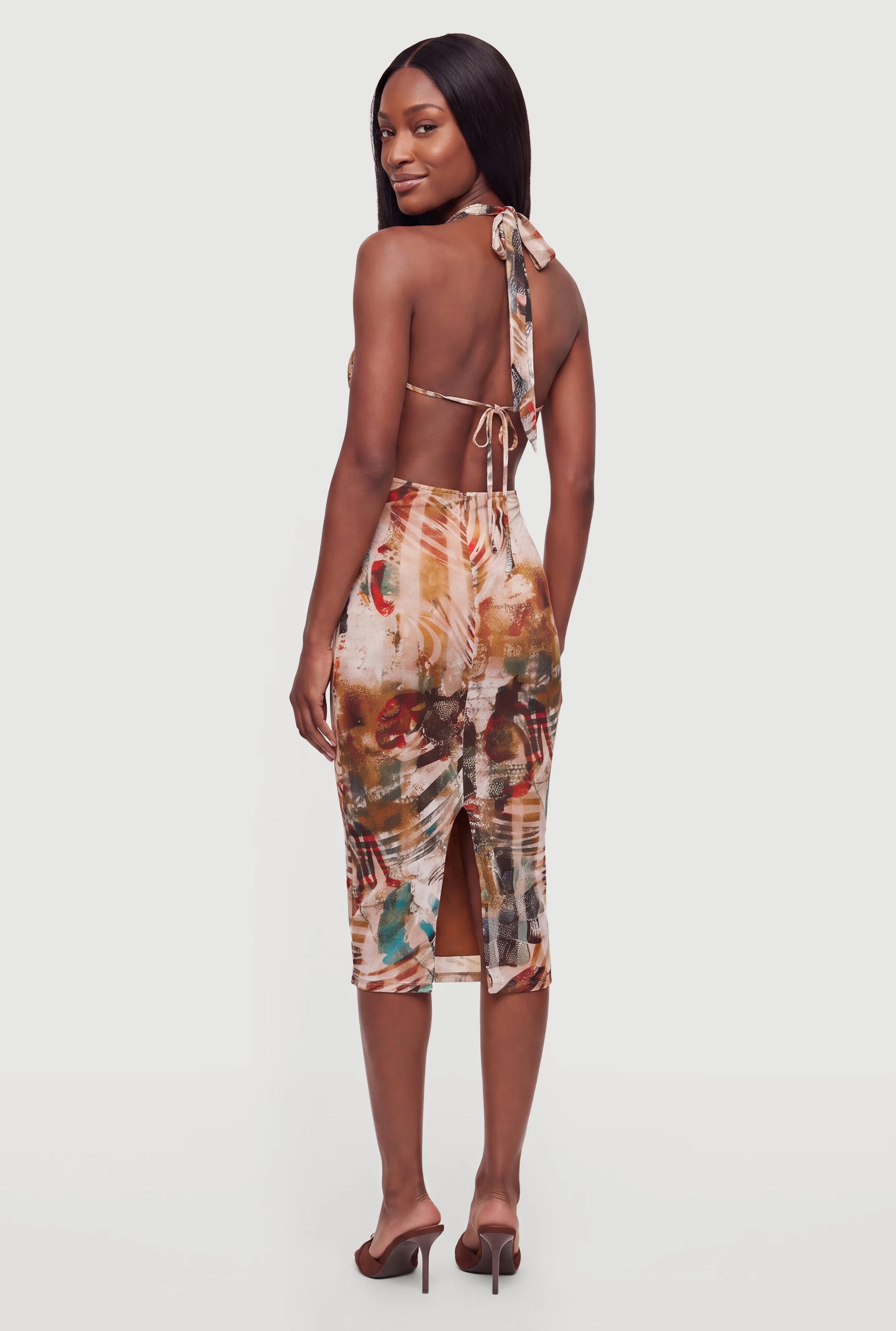 Bead Detail Patterned Mesh Tie Back Halter Dress sold by Rainbow product image thumbnail 3