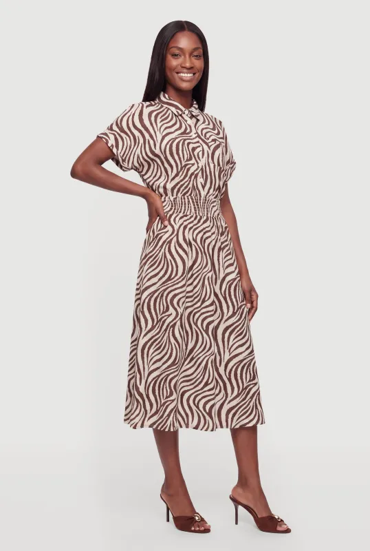 Zebra Print Cinched Waist Midi Shirt Dress made by Rainbow