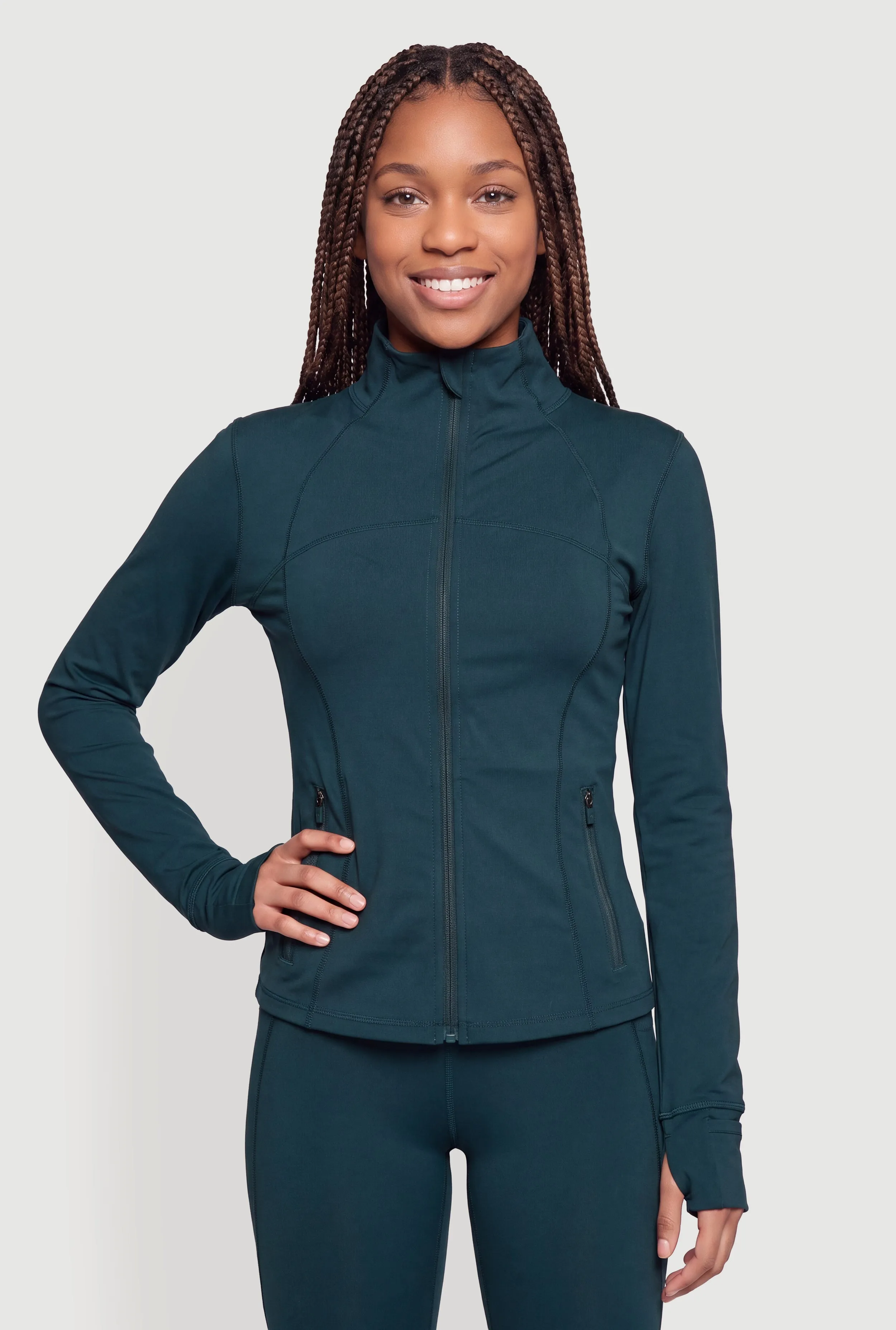Mock Neck Zip Front Active Jacket with Thumb Holes sold by Rainbow