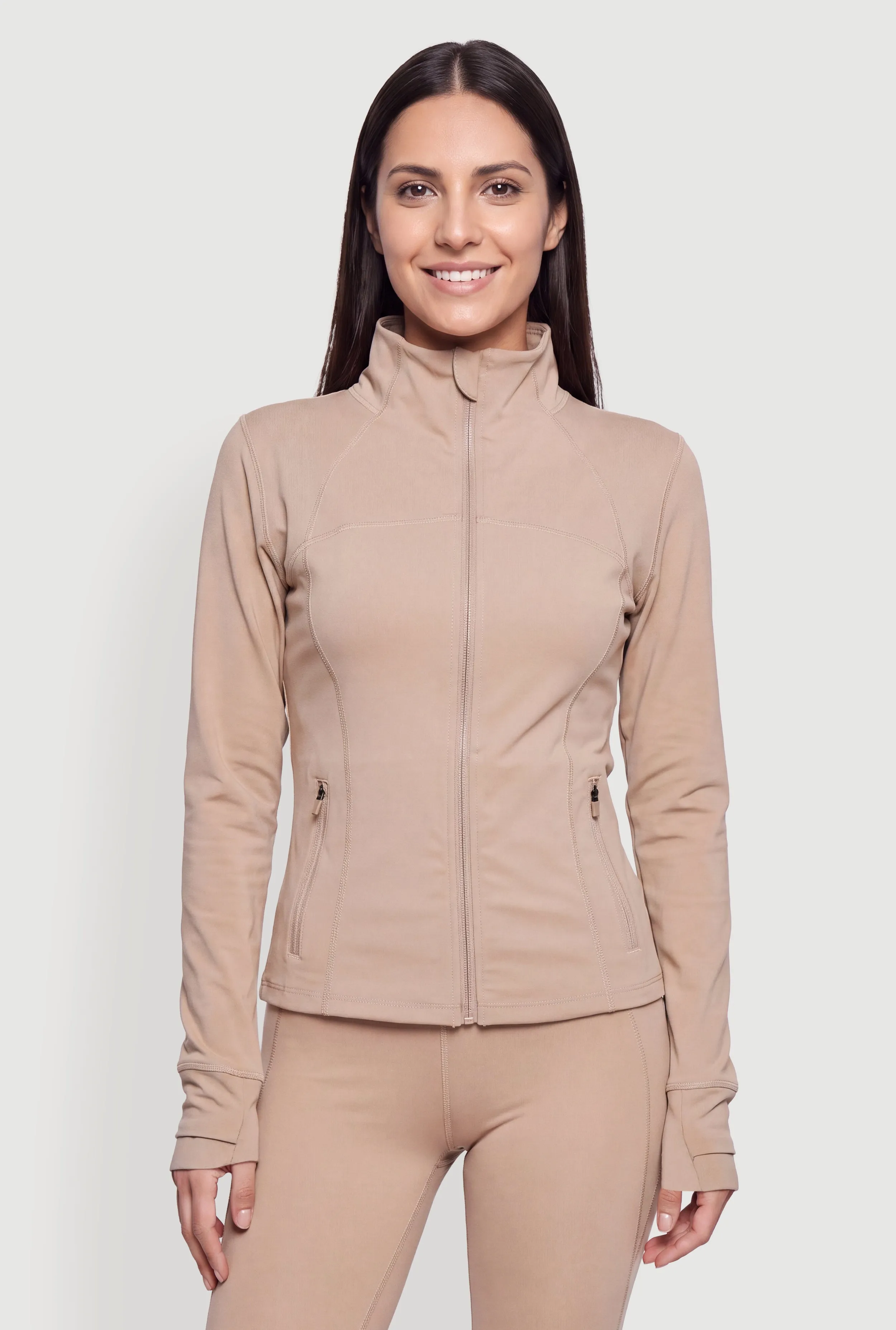 Mock Neck Zip Front Active Jacket with Thumb Holes sold by Rainbow