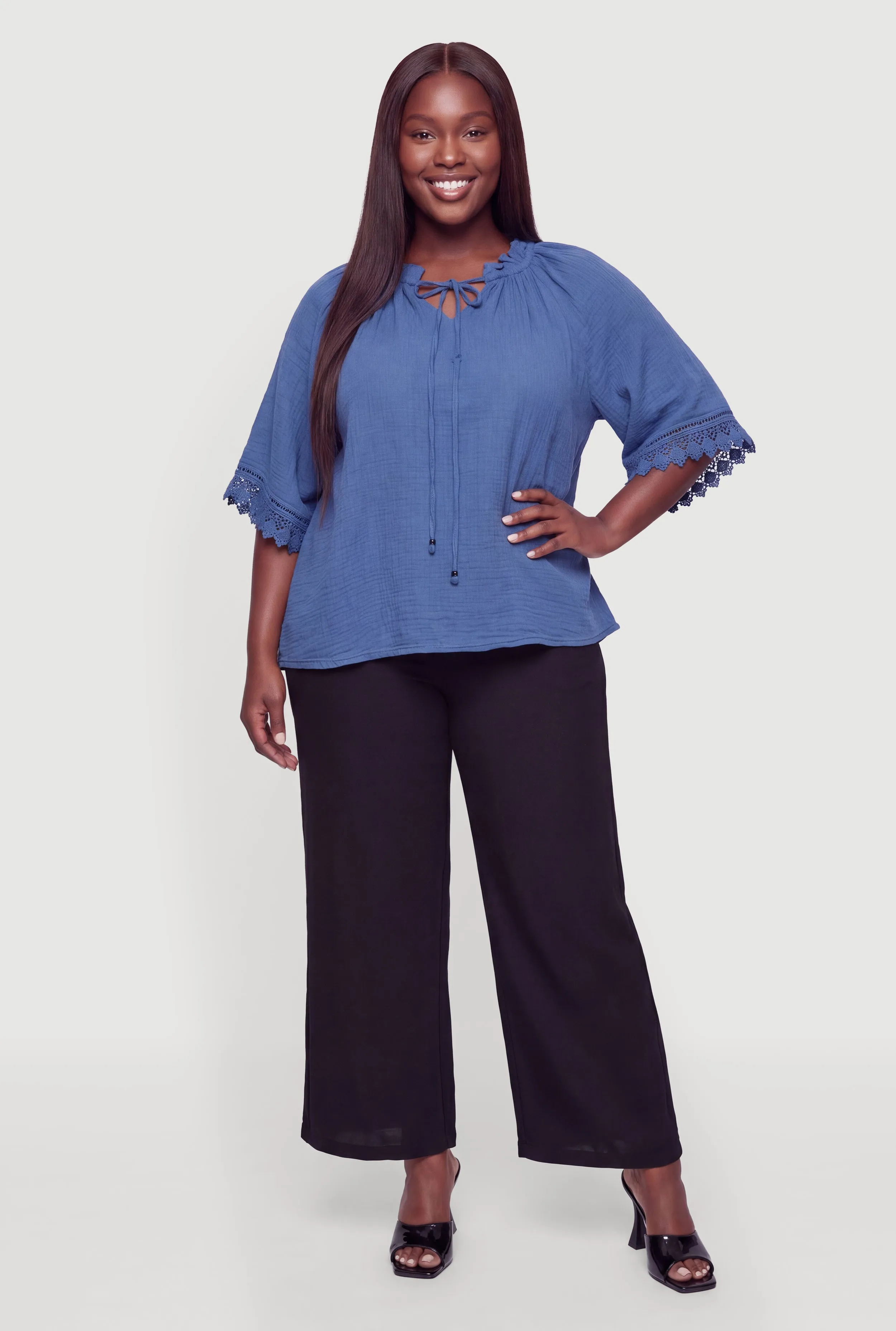 Plus Size Crochet Trim Gauze Knit Peasant Top sold by Rainbow product image thumbnail 2