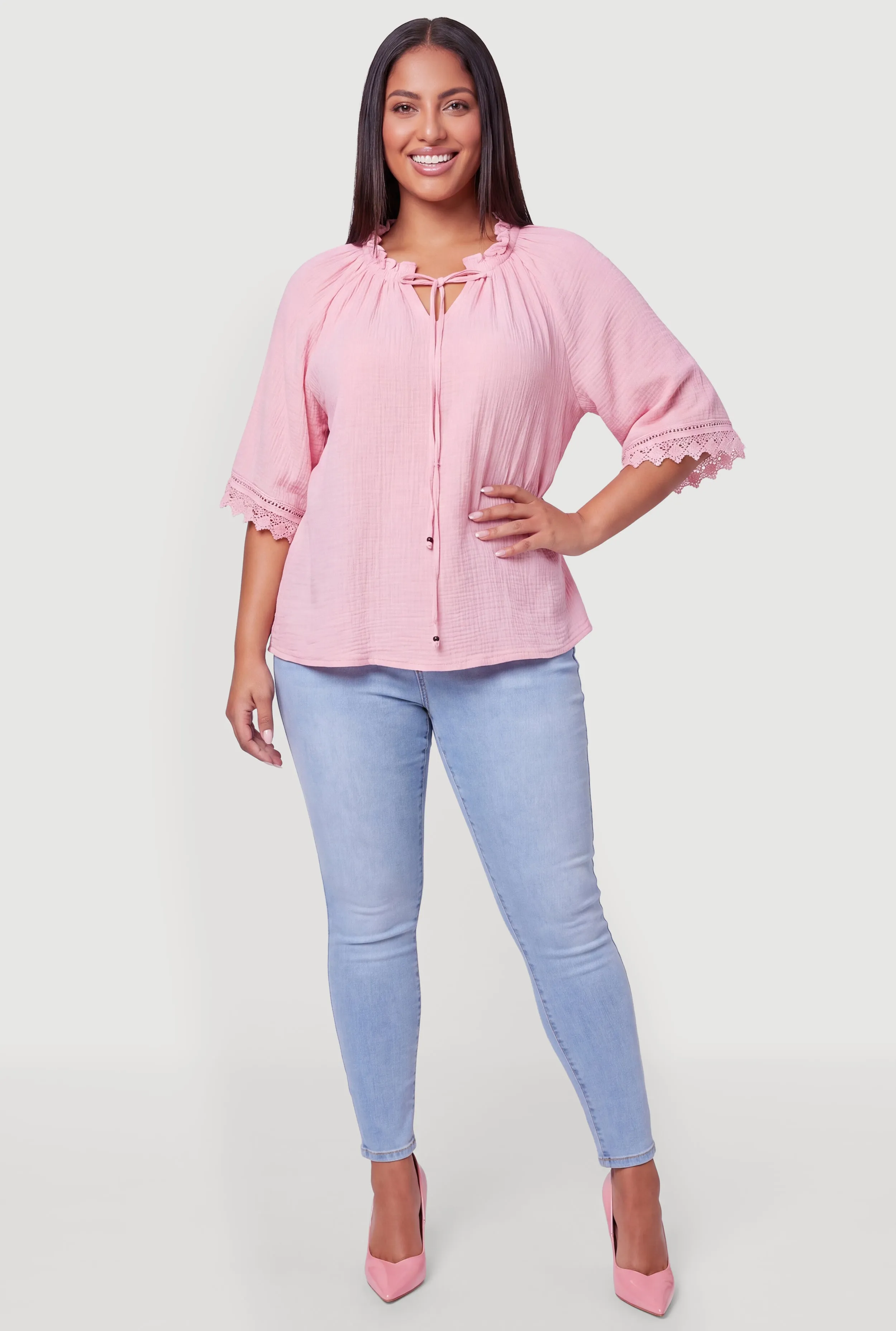 Plus Size Crochet Trim Gauze Knit Peasant Top sold by Rainbow product image thumbnail 3