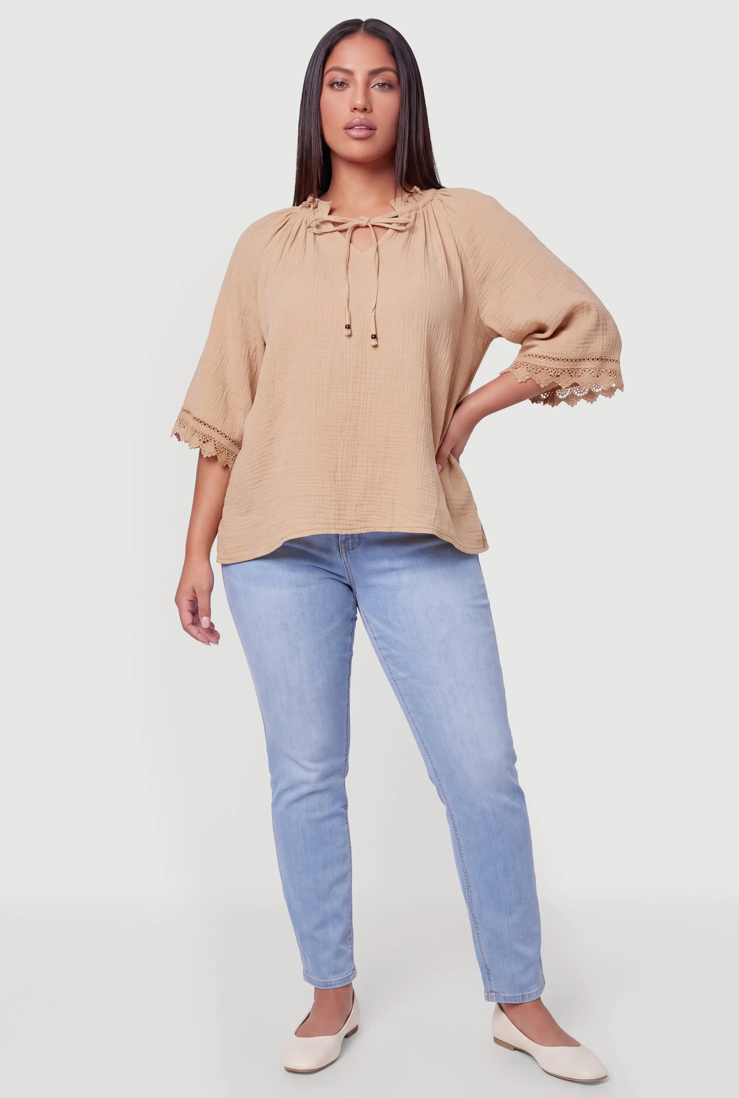 Plus Size Crochet Trim Gauze Knit Peasant Top sold by Rainbow product image thumbnail 4