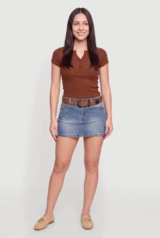Ribbed Knit Notch Neck Henley Top made by Rainbow