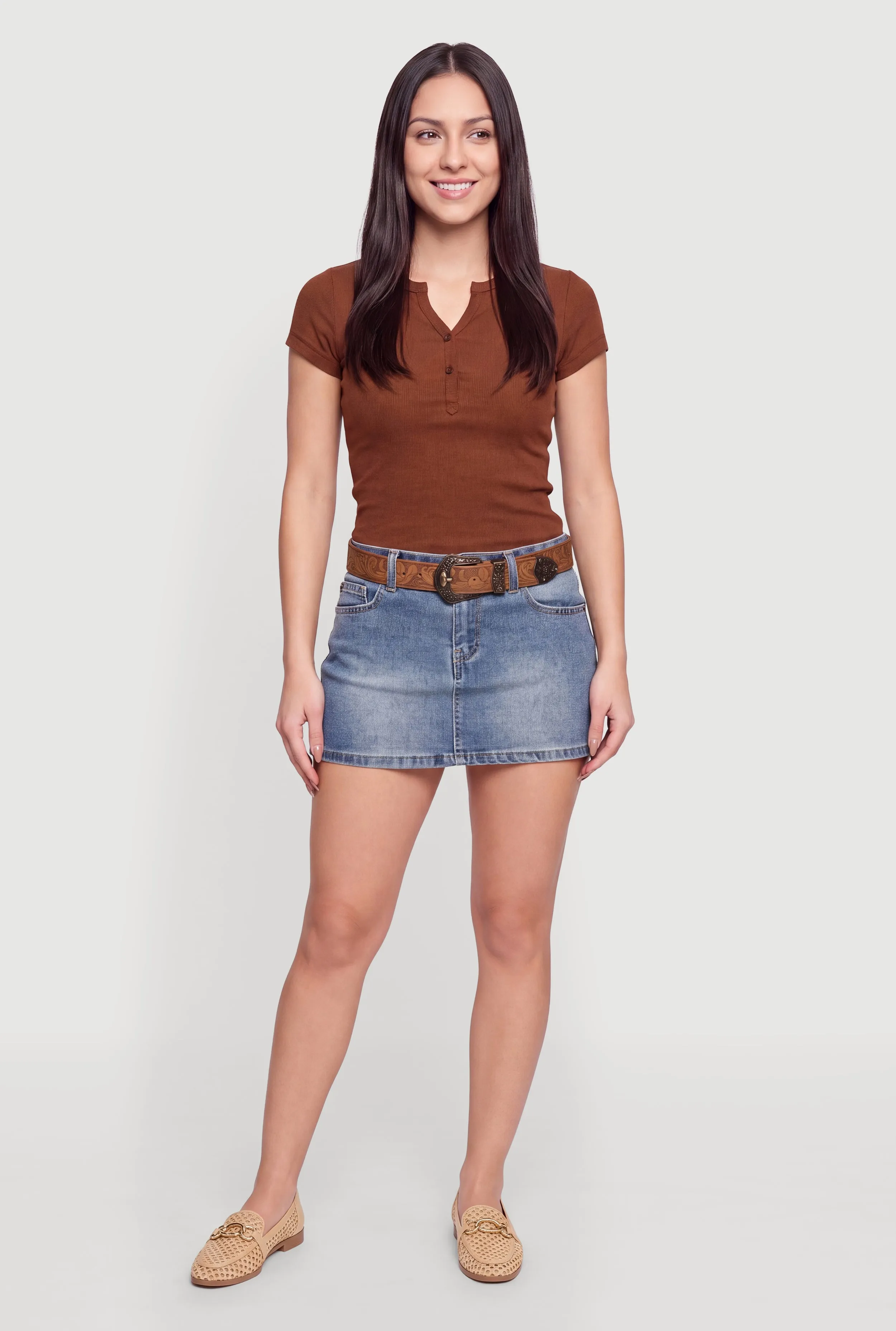 Ribbed Knit Notch Neck Henley Top sold by Rainbow