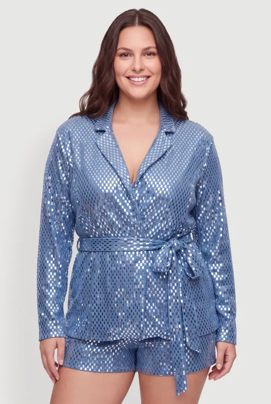 Plus Size Lurex Foil Screen Detail Tie Waist Belted Blazer made by Rainbow