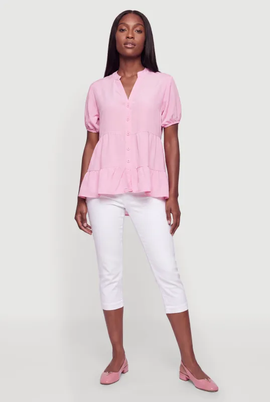 Notch Neck Tiered Button Front Top made by Rainbow