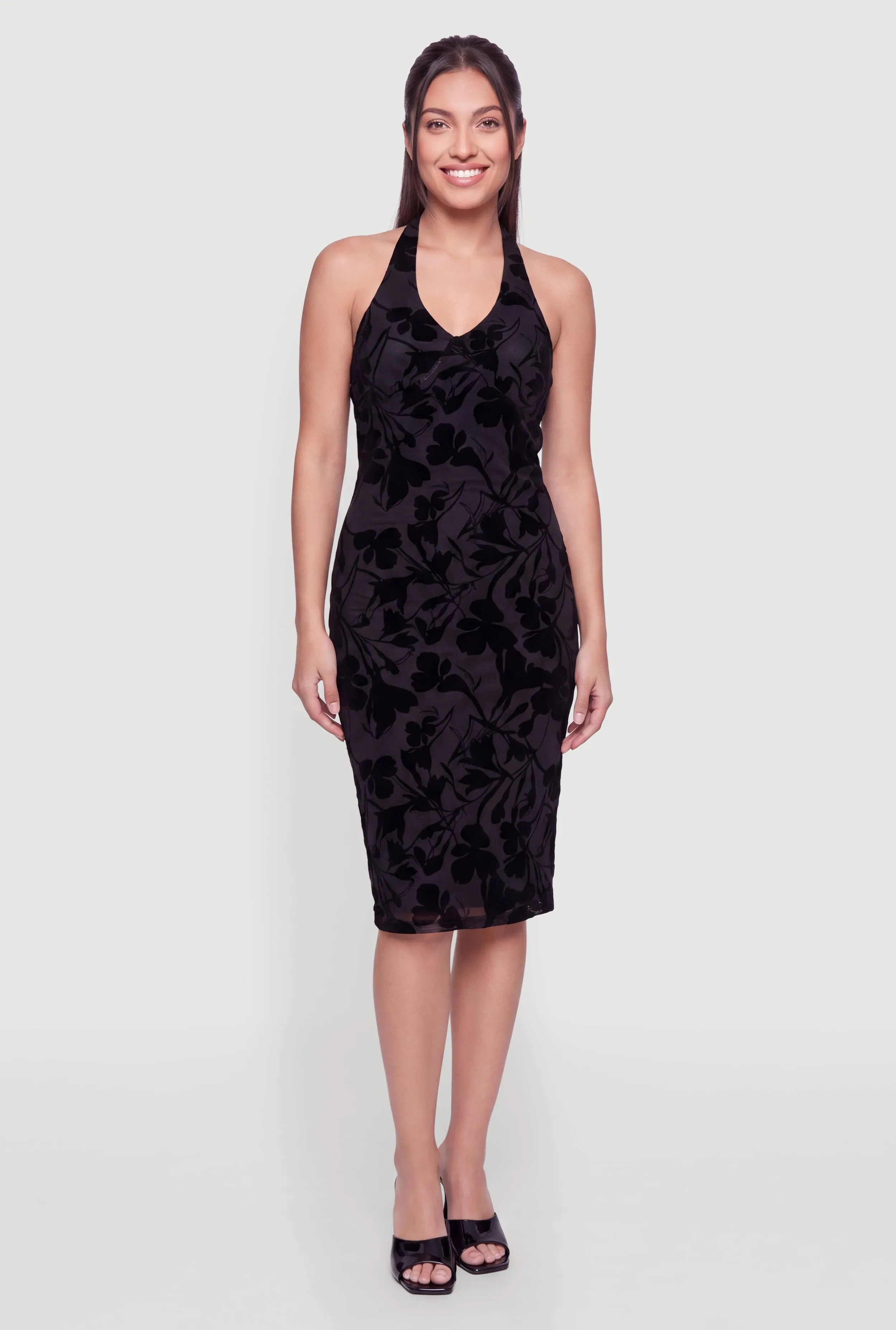 Floral Velvet Burnout Mesh Halter Midi Dress sold by Rainbow