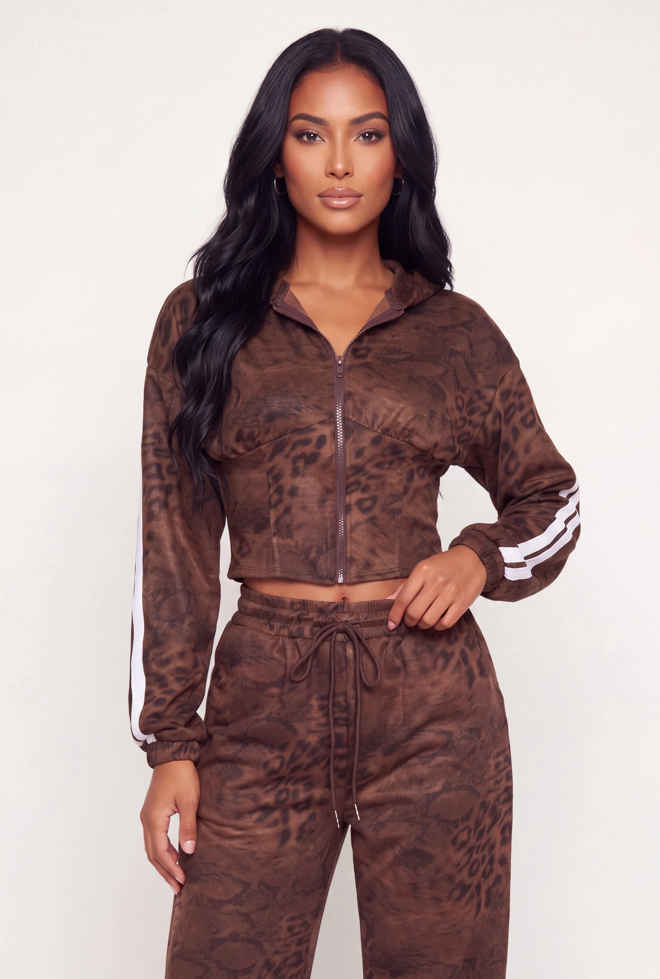 Faux Suede Animal Print Cropped Zip Front Hoodie sold by Rainbow