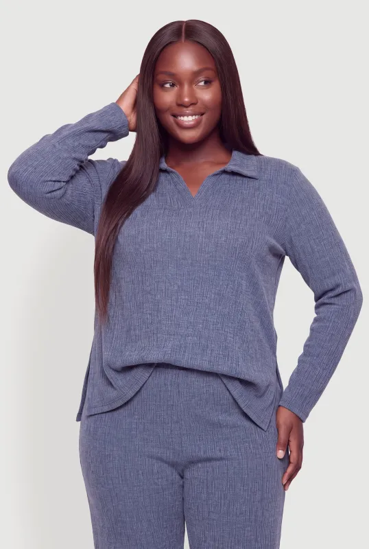 Plus Size Brushed Knit Johnny Collar Long Sleeve Top made by Rainbow