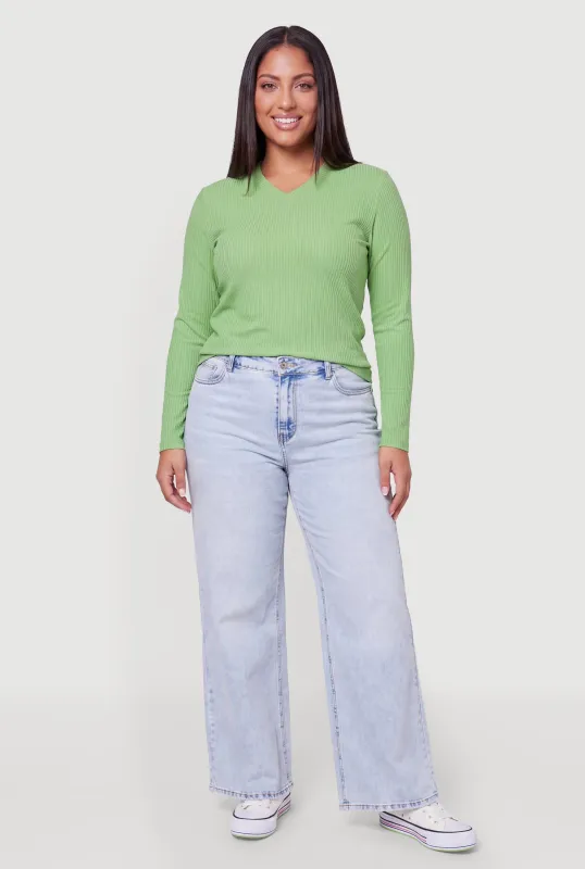 Plus Size Ribbed Knit V-Neck Long Sleeve Top made by Rainbow