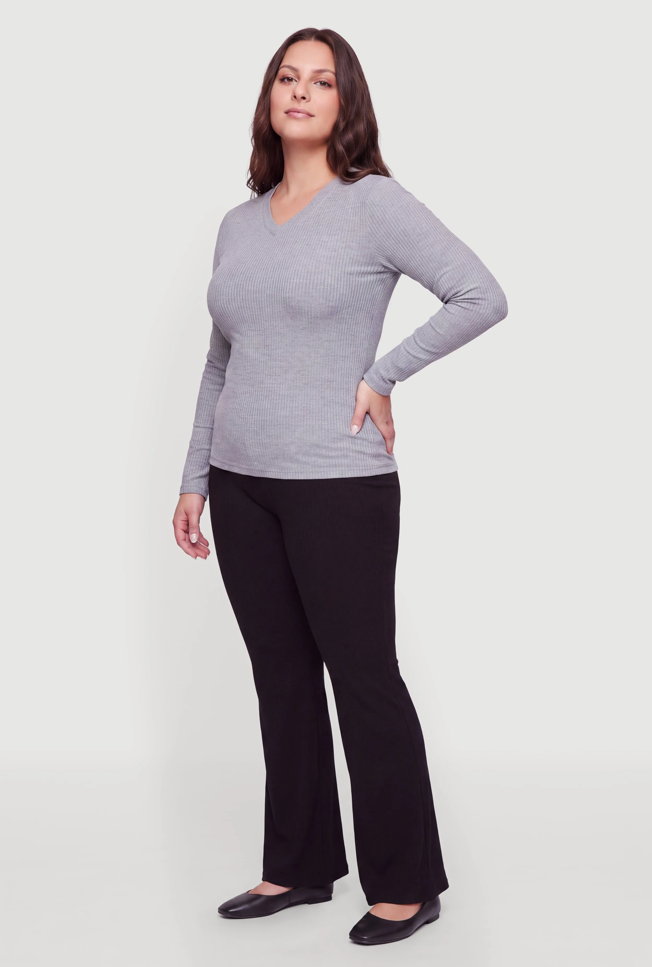 Plus Size Ribbed Knit V-Neck Long Sleeve Top sold by Rainbow product image thumbnail 3