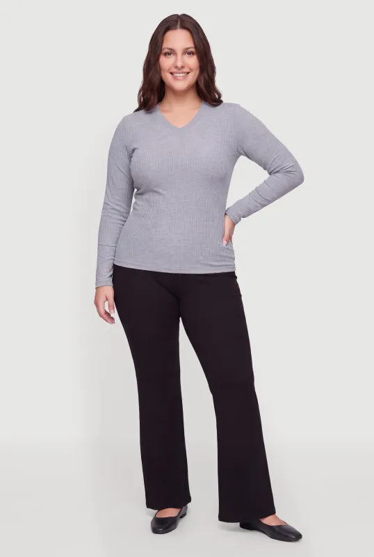 Plus Size Ribbed Knit V-Neck Long Sleeve Top made by Rainbow