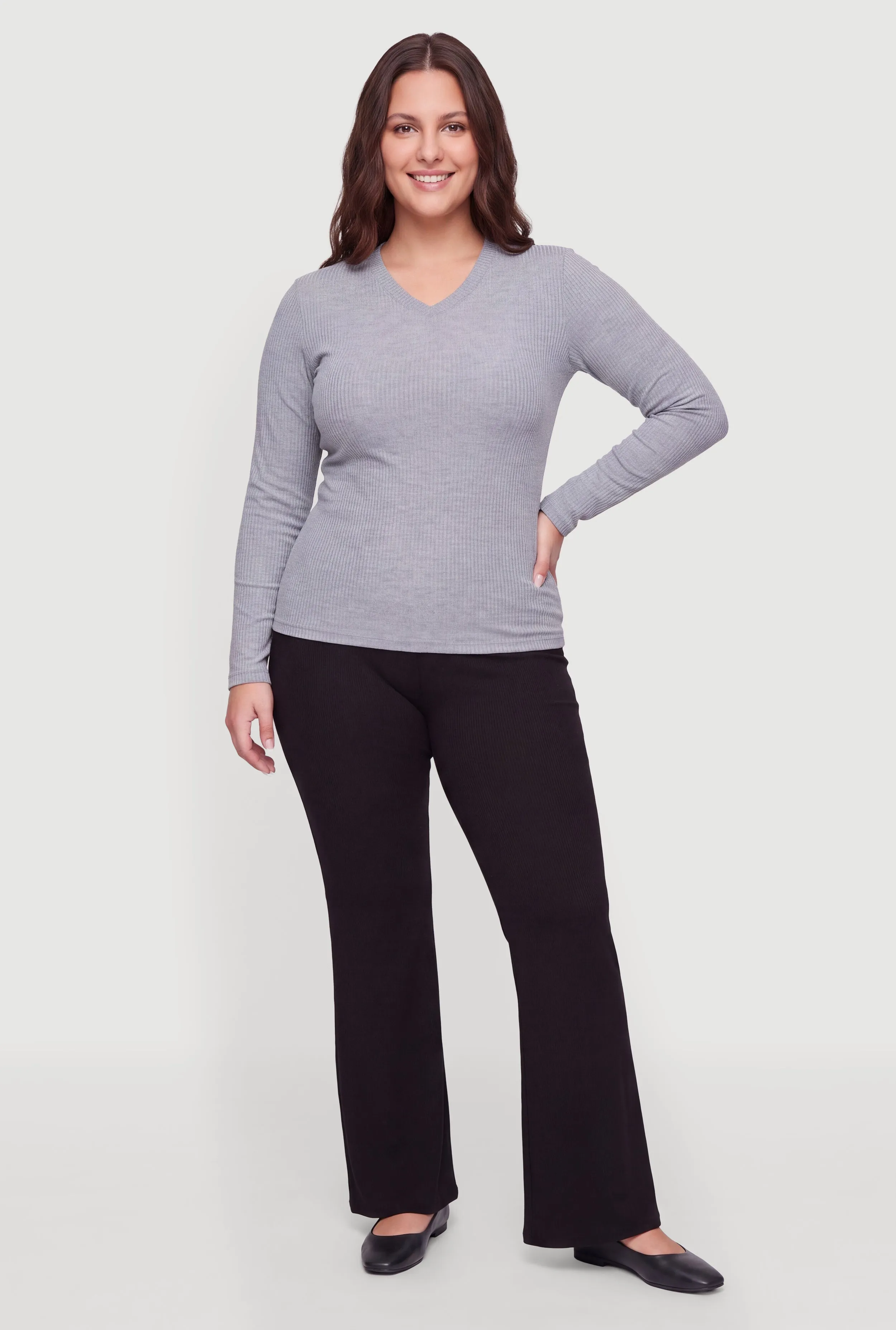 Plus Size Ribbed Knit V-Neck Long Sleeve Top sold by Rainbow