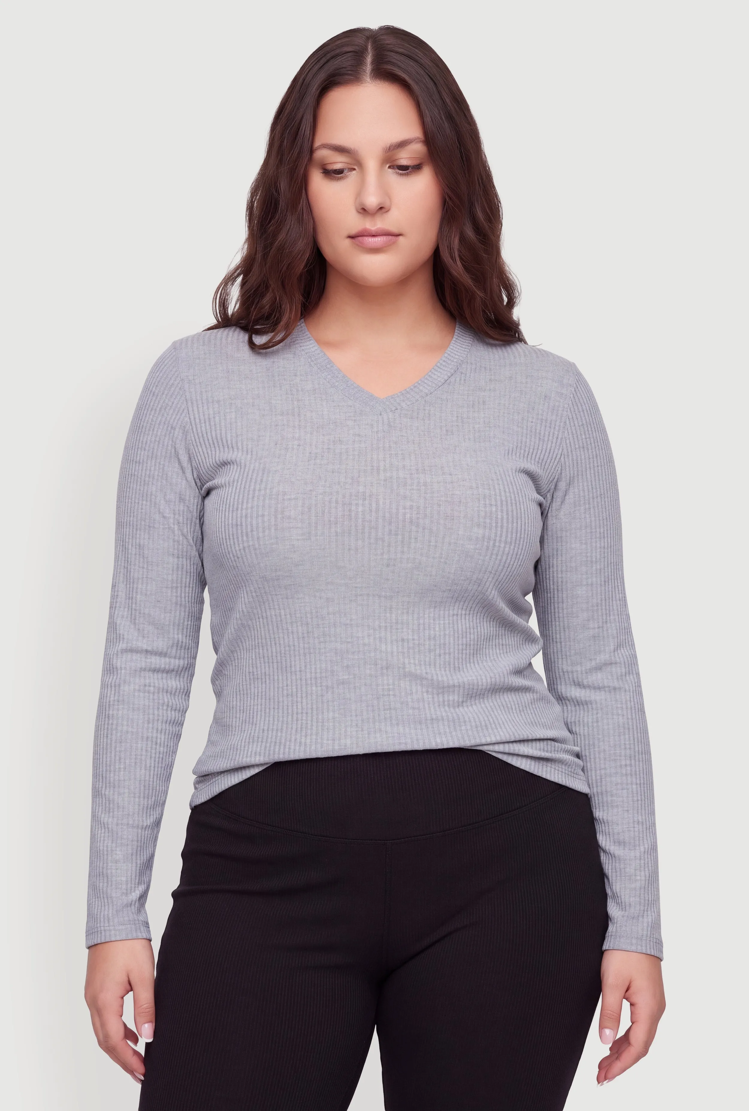 Plus Size Ribbed Knit V-Neck Long Sleeve Top sold by Rainbow product image thumbnail 2