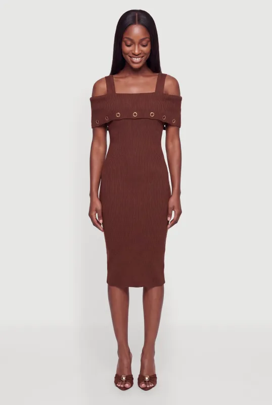 Ribbed Knit Grommet Trim Cold Shoulder Midi Dress made by Rainbow