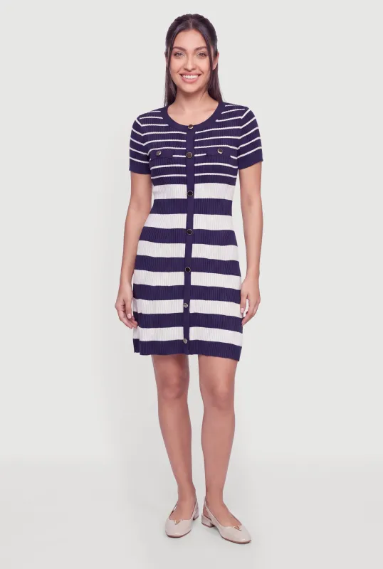 Ribbed Knit Faux Button Front Striped Dress made by Rainbow