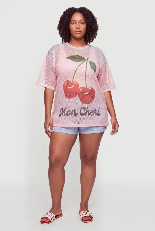 Plus Size Mon Cheri Cherry Graphic Mesh Oversized Top made by Rainbow