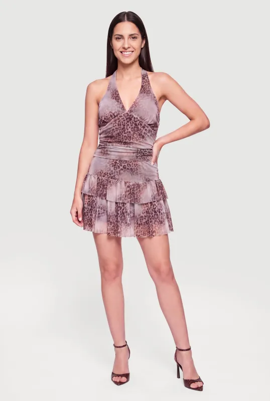 Leopard Print Ruched Tie Back Halter Top and Tiered Mini Skirt made by Madden Girl