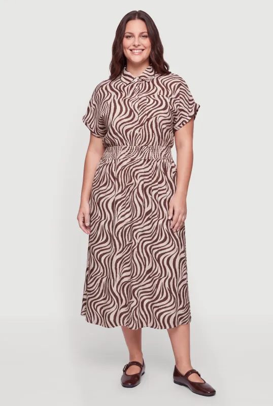 Plus Size Zebra Print Smocked Waist Midi Dress made by Rainbow