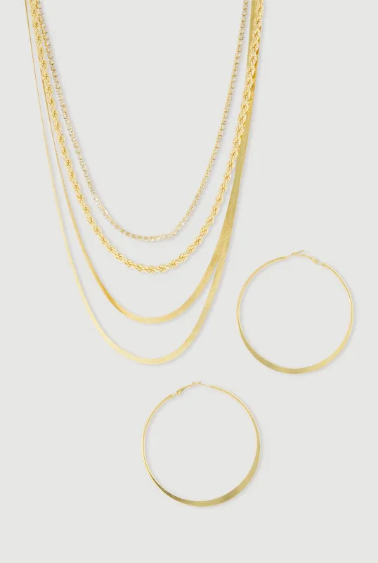 Metallic Layered Chain Necklace and Hoop Earrings Set made by Rainbow