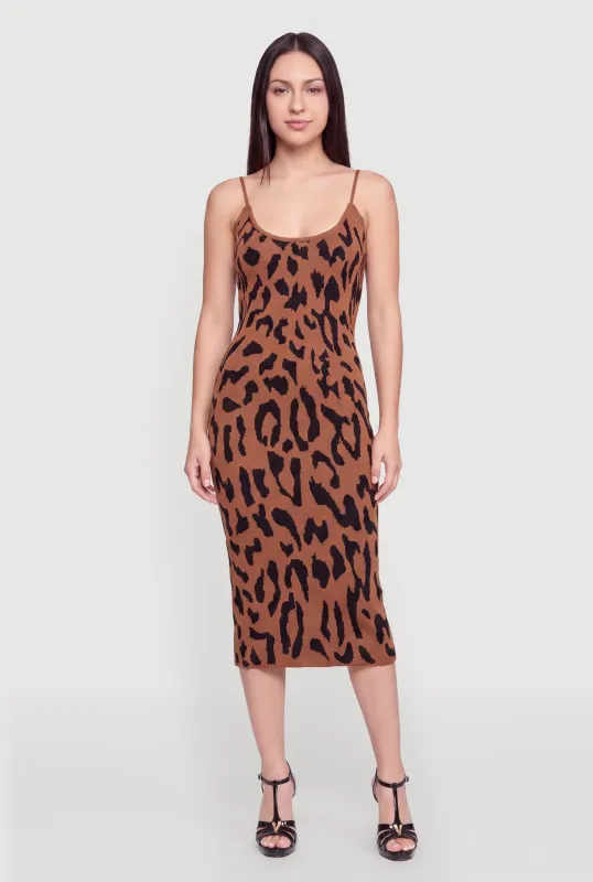 Leopard Print Spaghetti Strap Midi Sweater Dress made by Rainbow