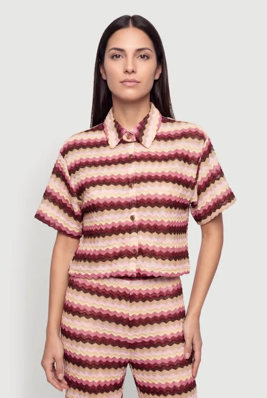 Chevron Textured Knit Cropped Short Sleeve Shirt made by Rainbow