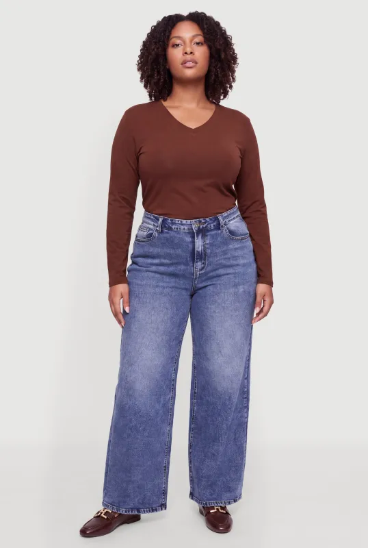 Plus Size Basic Long Sleeve V-Neck Top made by Rainbow