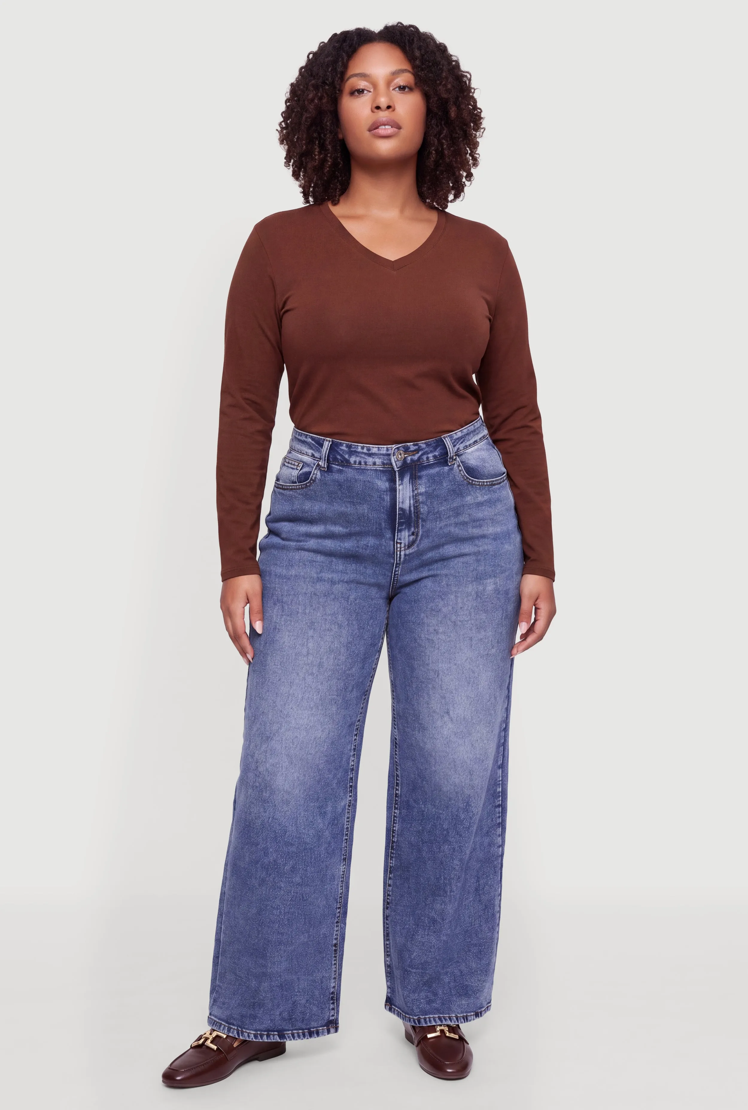 Plus Size Basic Long Sleeve V-Neck Top sold by Rainbow